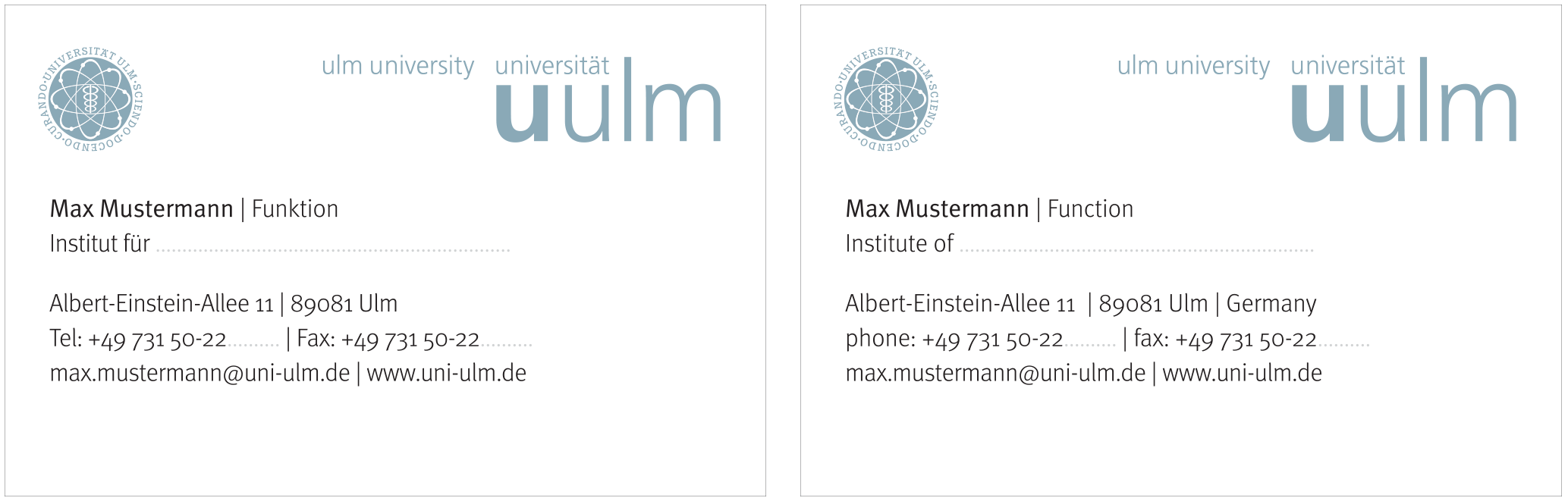 Bilinguale Mustervisitenkarte der Universität Ulm