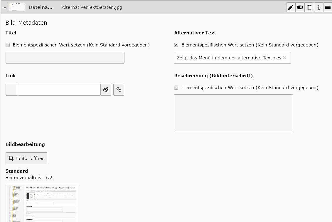 Screenshot vom TYPO3-Backend zeigt wie der alternative Text einer Seite gesetzt wird