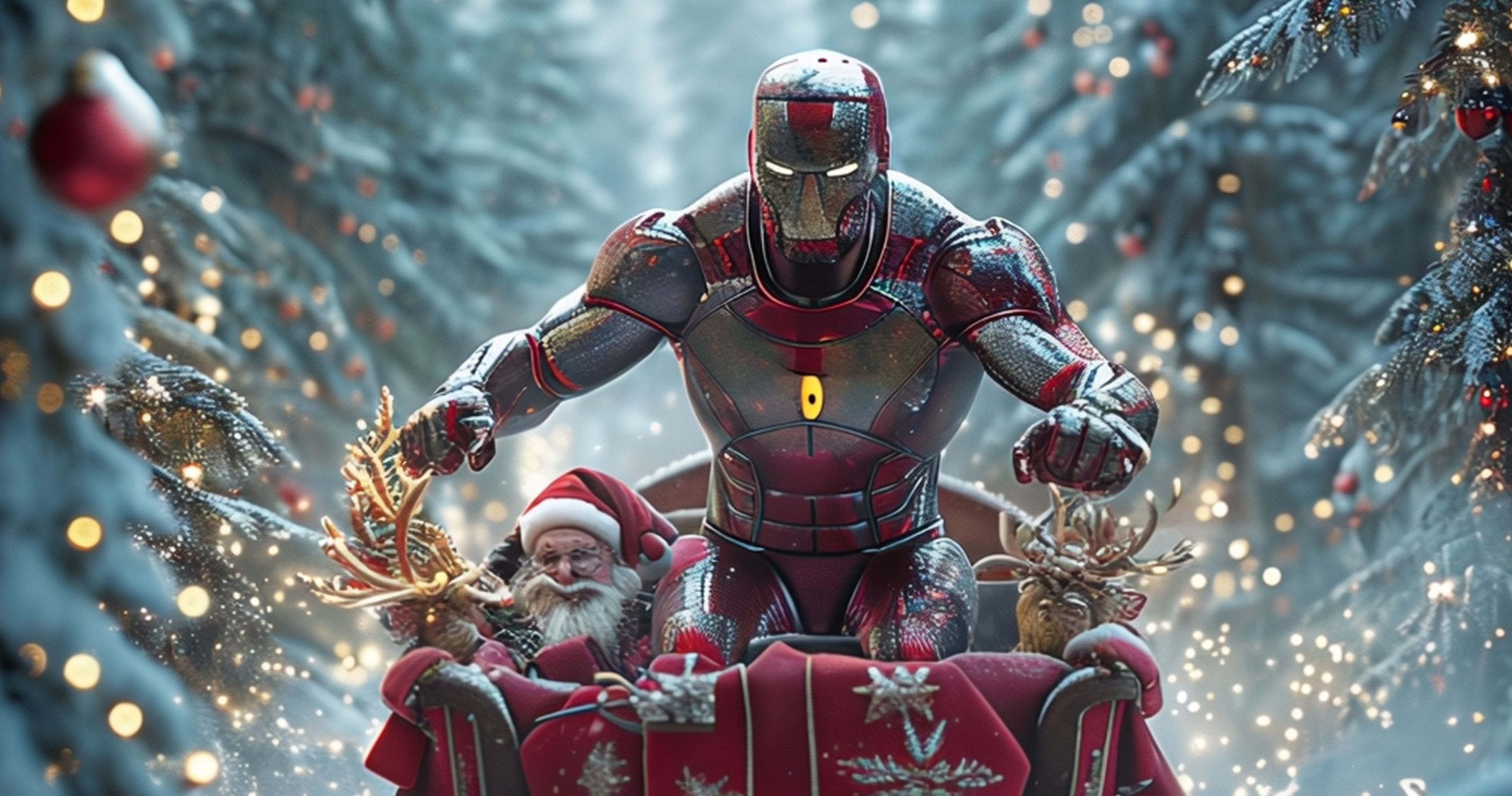 Santa Claus and Iron Man in a sledge