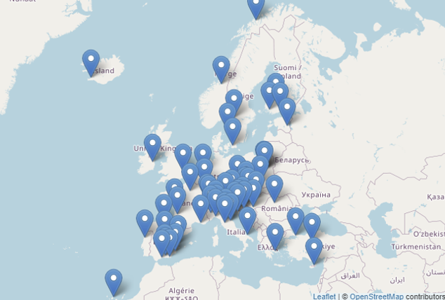 Landkarte mit Punkte auf Erasmus-Austauschmöglichkeiten