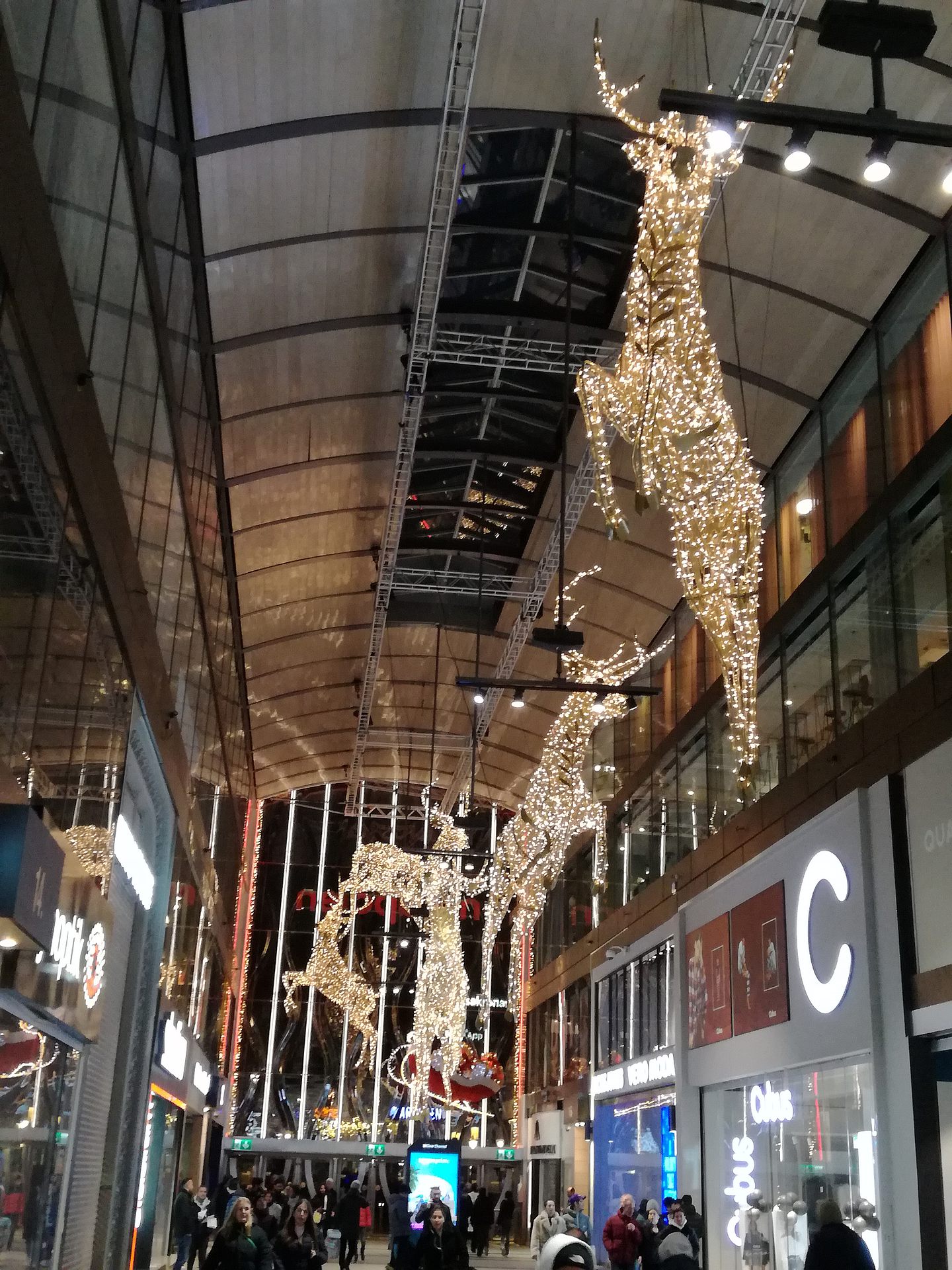 weihnachtlich beleuchtete Rentiere in einer Galerie in Nordstan