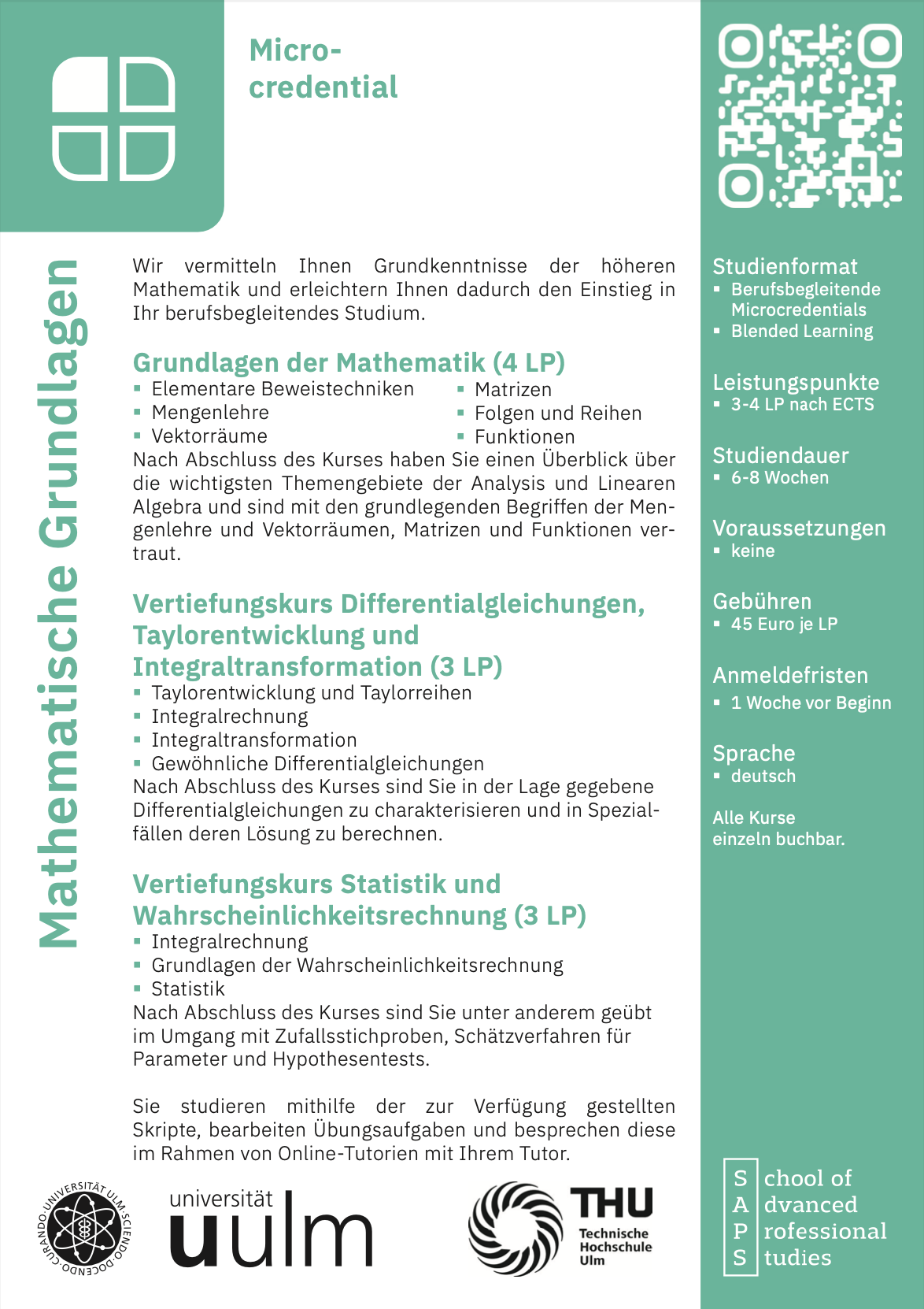 Flyer der SAPS Kurse im Rahmen der Mathematischen Grundlagen